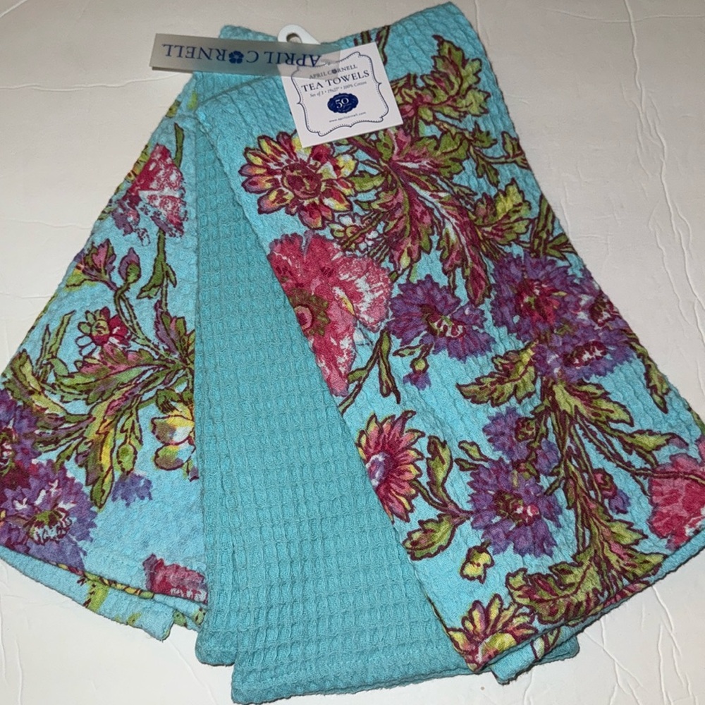 New April Cornell Set of 3 Tea Towels 100% Cotton 19x27” Aqua Blue Wildflowers
